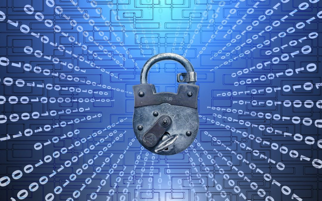 A padlock is displayed on a blue graphic background. Binary ones and zeroes are arranged in a starburst pattern around the padlock.