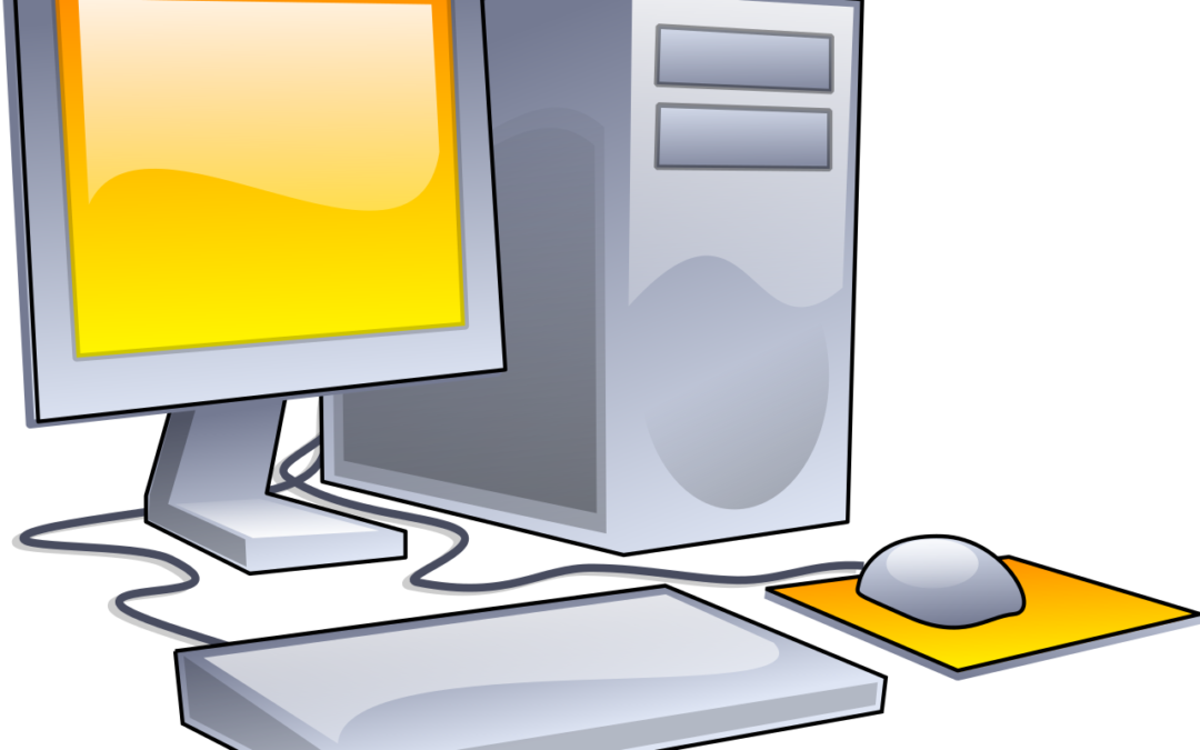 A two-color clipart drawing of a desktop computer with keyboard, monitor, and mouse.